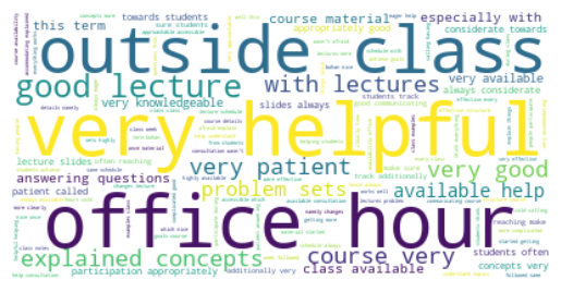 Word cloud of positive student feedback, with prominent phrases including office hour, outside class, very helpful, very patient, and explained concepts.